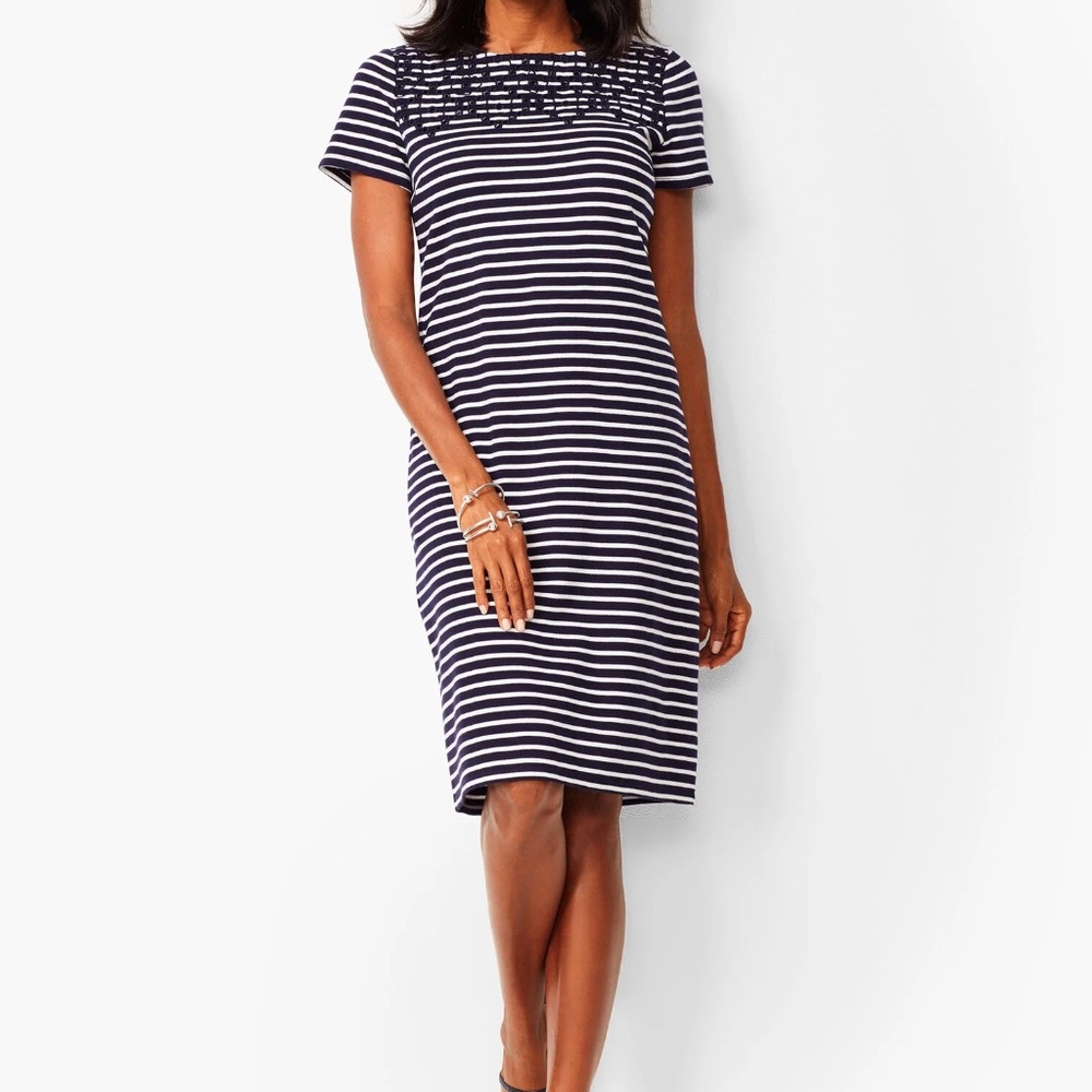 Talbots Women's Embroidered Yoke Shift Dress, Navy/White Stripe, NWT Size S